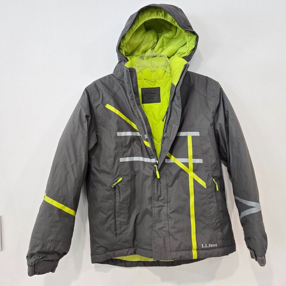 LL‎ Bean Winter Jacket Boys Size L 14-16 Thinsulate Hooded Gray Neon Accents EUC